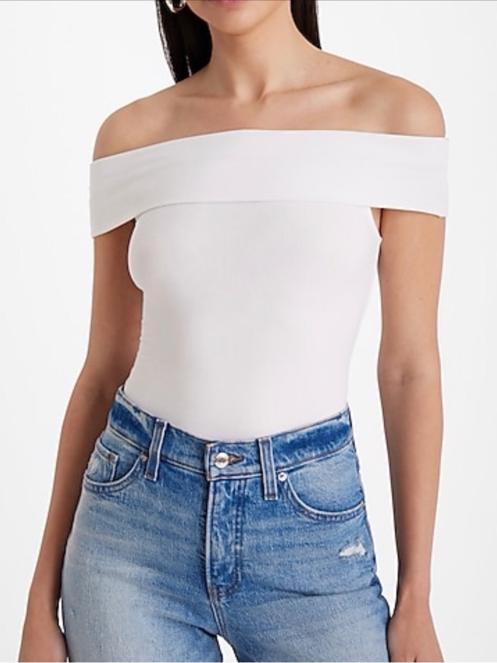 Express Off-Shoulder White Ribbed Knit Top